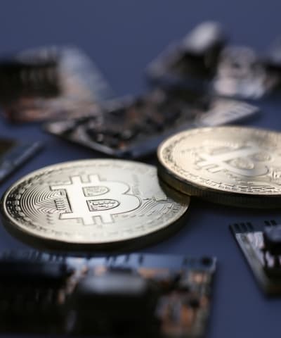 Bitcoin coins on keyboard